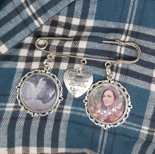 Custom Groom Photo Lapel Kilt Pin with 2 photos and an 'Always in my heart' charm.