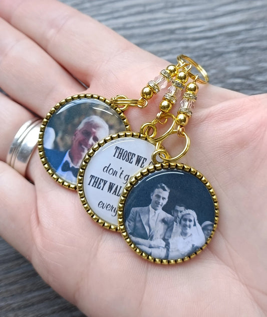 Bridal Those we love don't go away. Photo wedding bouquet triple charm memorial keepsake