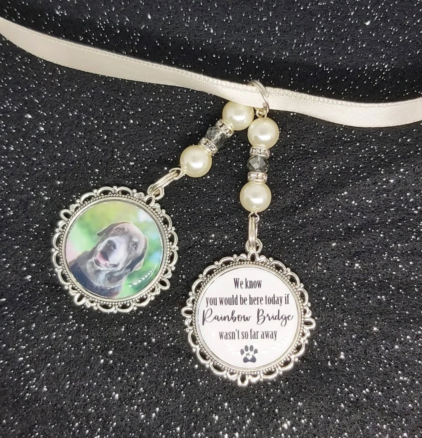 We know you would be here today if rainbow bridge wasn't so far away.  Pet photo charm for a bridal wedding bouquet.
