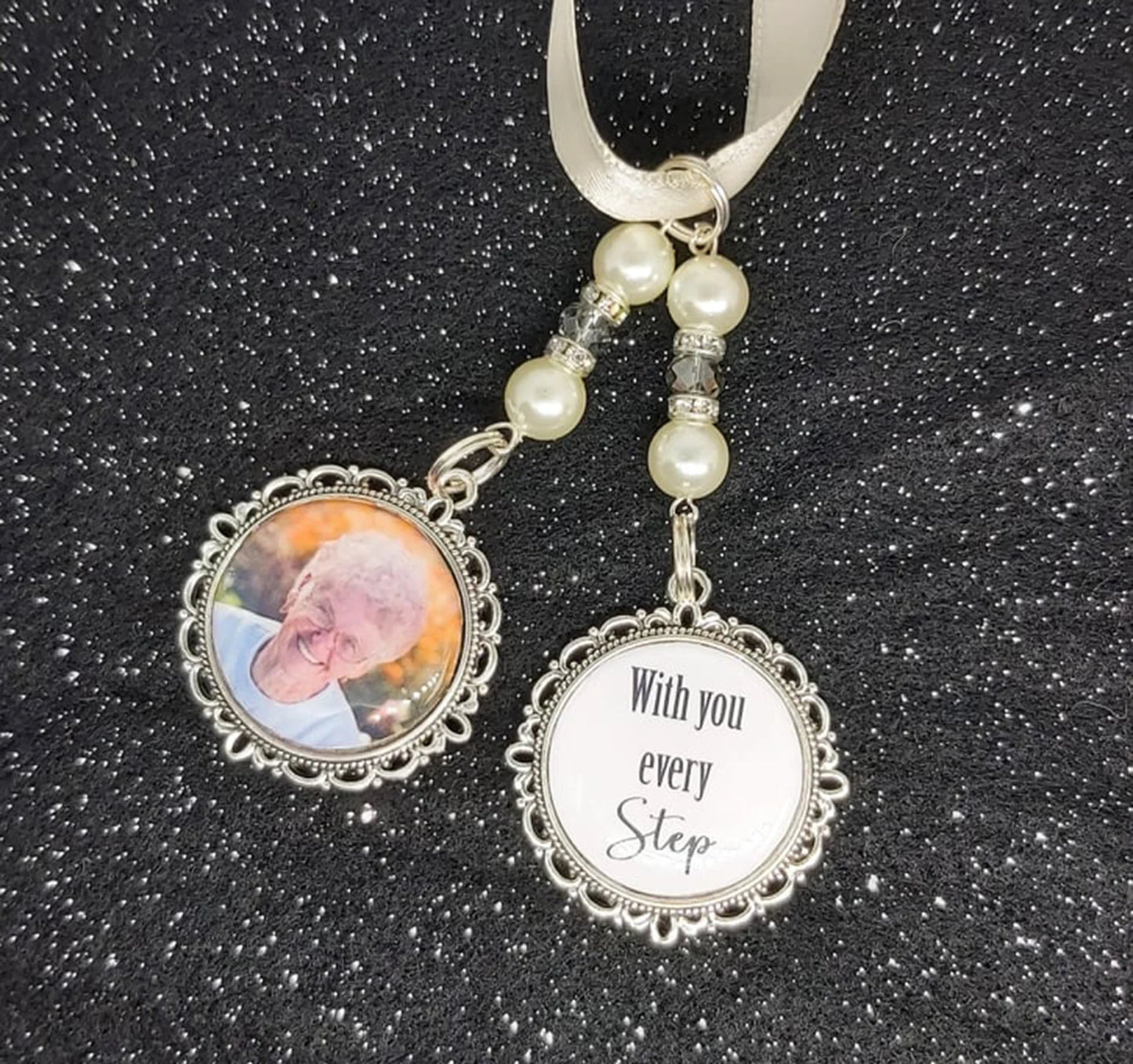 With you every step photo charm for a bridal wedding bouquet.