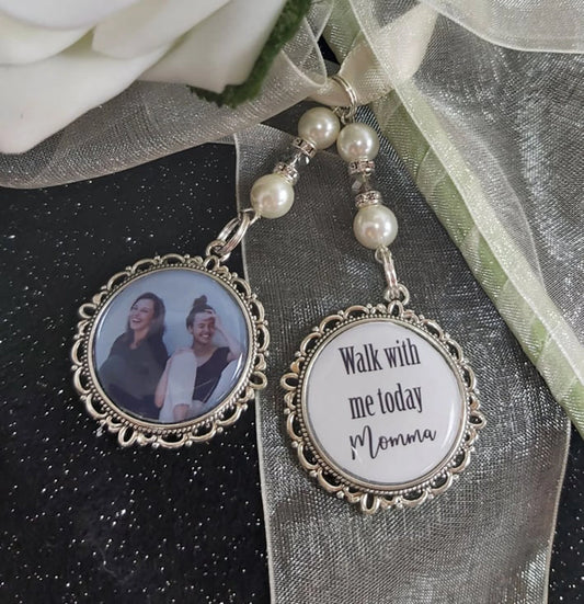 Walk with me today Momma Mum. Photo memorial wedding bouquet charm for a bridal bouquet. Name can be changed