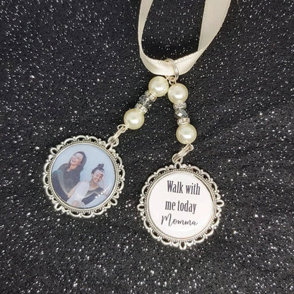 Walk with me today Momma Mum. Photo memorial wedding bouquet charm for a bridal bouquet. Name can be changed