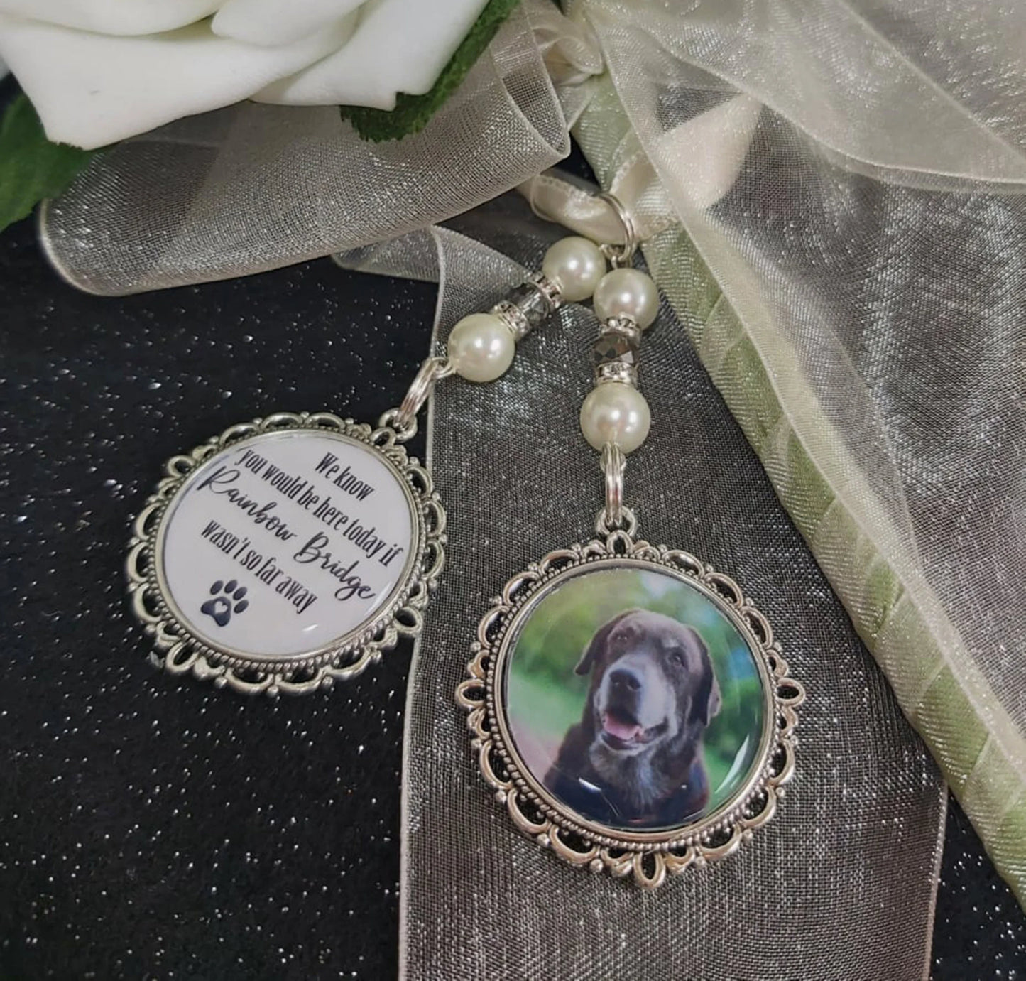 We know you would be here today if rainbow bridge wasn't so far away.  Pet photo charm for a bridal wedding bouquet.
