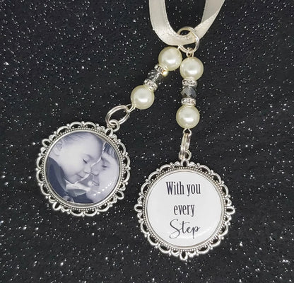 With you every step photo charm for a bridal wedding bouquet.