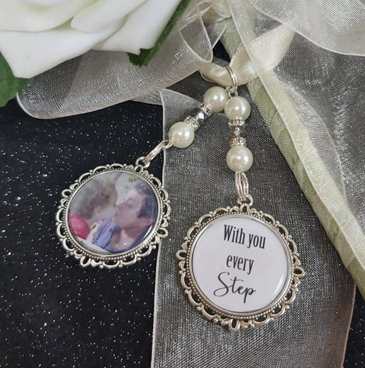 With you every step photo charm for a bridal wedding bouquet.