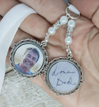Handwriting and photo wedding bouquet charm keepsake for a bridal bouquet.