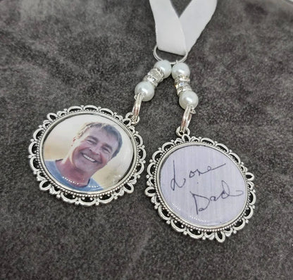 Handwriting and photo wedding bouquet charm keepsake for a bridal bouquet.