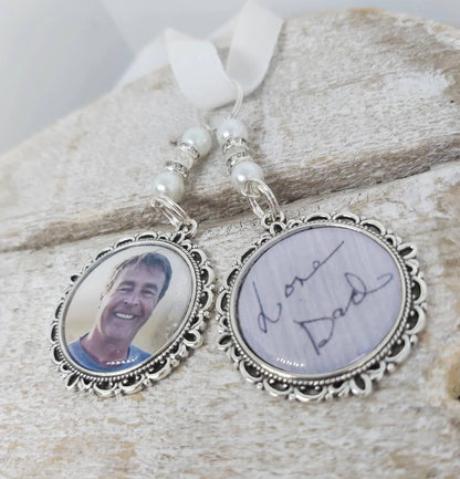 Handwriting and photo wedding bouquet charm keepsake for a bridal bouquet.