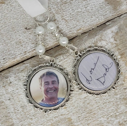 Handwriting and photo wedding bouquet charm keepsake for a bridal bouquet.