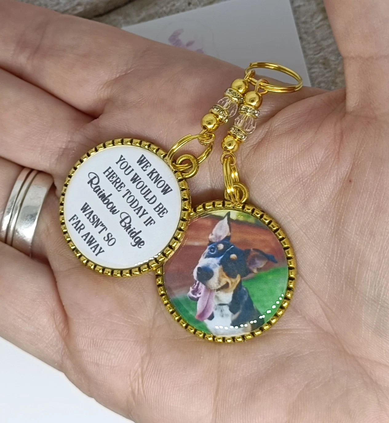 We know you would be here today if rainbow bridge wasn't so far away.  Pet photo charm for a bridal wedding bouquet.