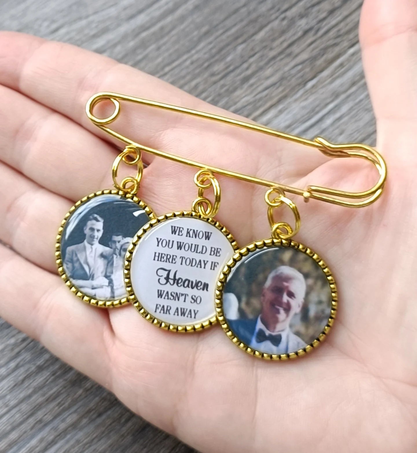 Custom Groom Photo Lapel Kilt Pin with 3 or 4 memorial wedding party Charm. We know be here today heaven picture bouquet Memory Charm.