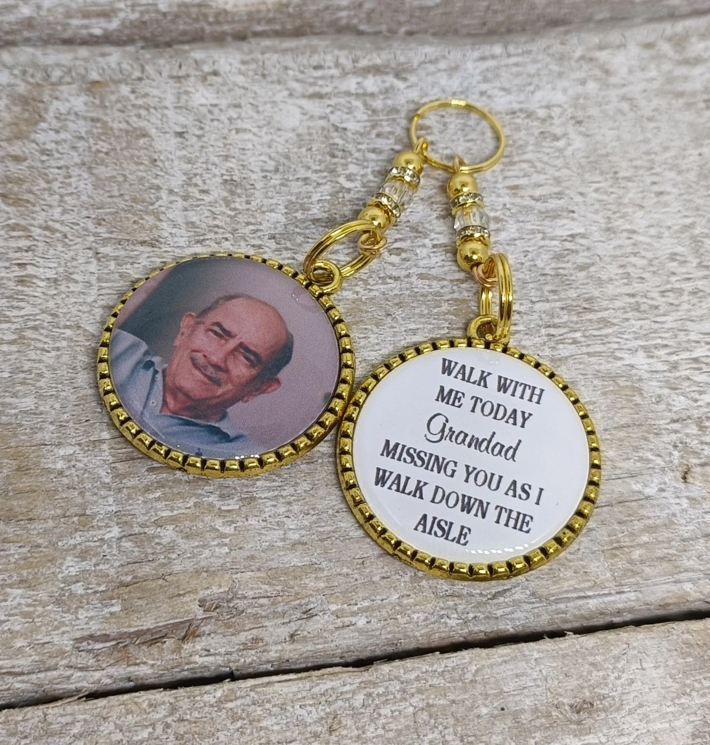 Walk with me today Dad missing you as I walk down the aisle. Photo memorial wedding bouquet charm for a bridal bouquet. Name can be changed