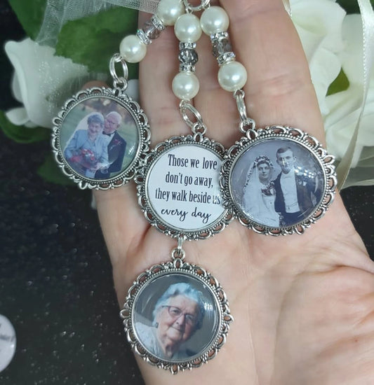 Bridal Those we love don't go away. Photo wedding bouquet triple charm and quote memorial keepsake