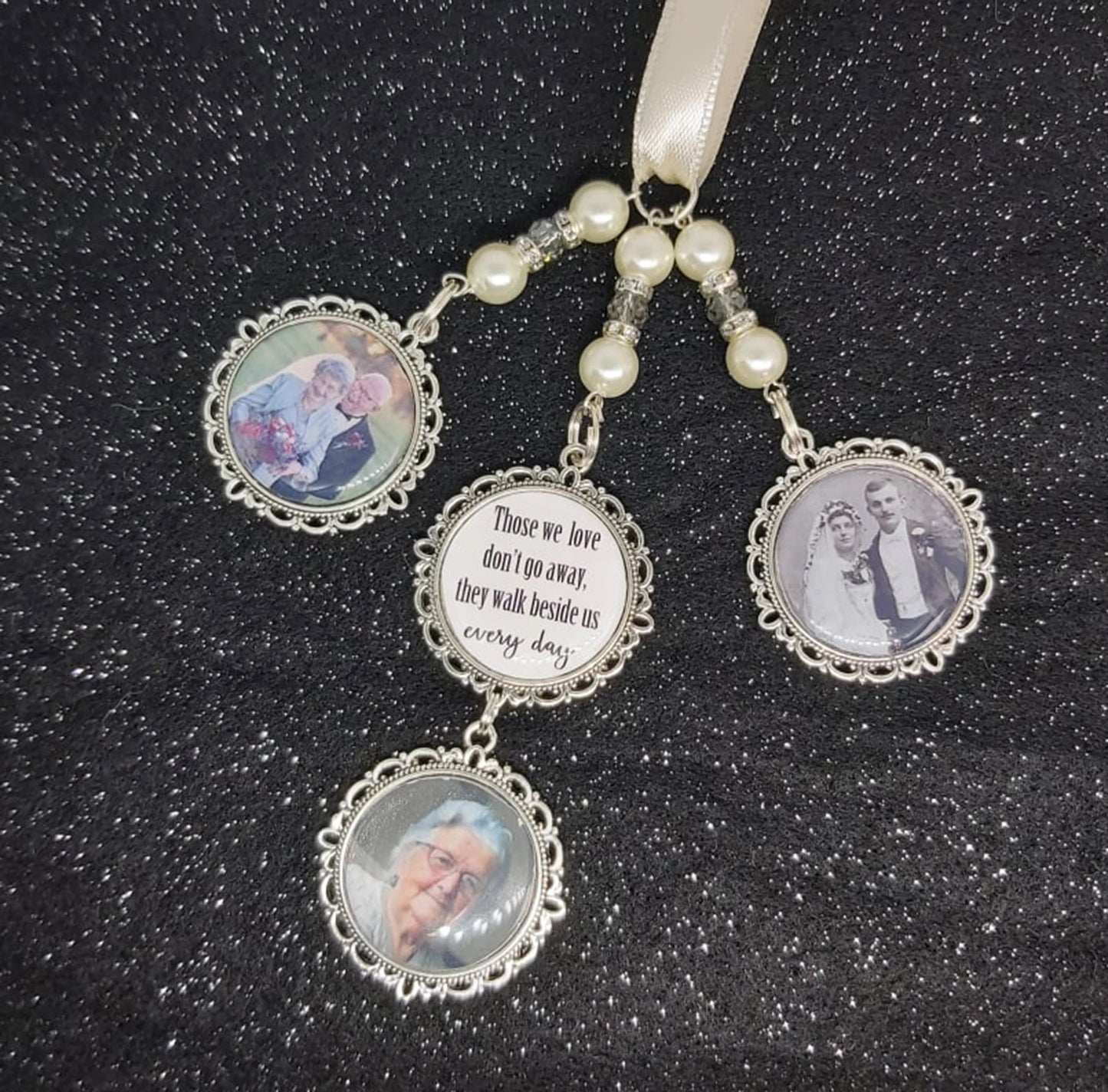 Bridal Those we love don't go away. Photo wedding bouquet triple charm and quote memorial keepsake