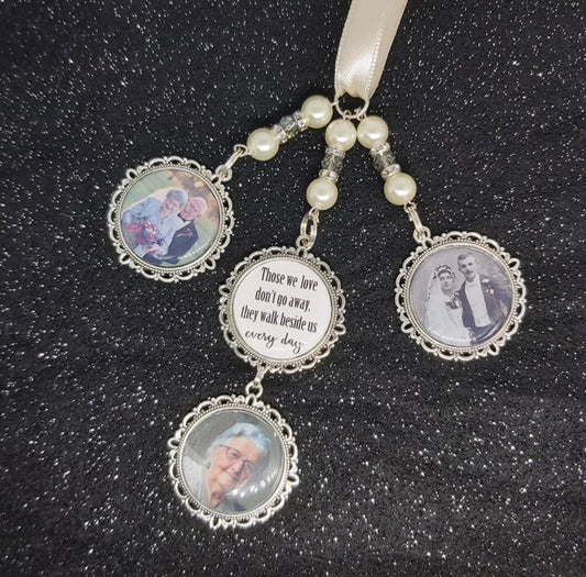 Bridal Those we love don't go away. Photo wedding bouquet triple charm and quote memorial keepsake